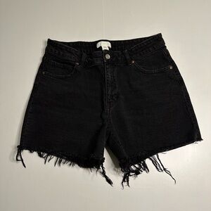 H&M‎ Black Wash Jean Shorts Size 12 High Rise Waist Cut Off Denim Cotton Raw Hem
